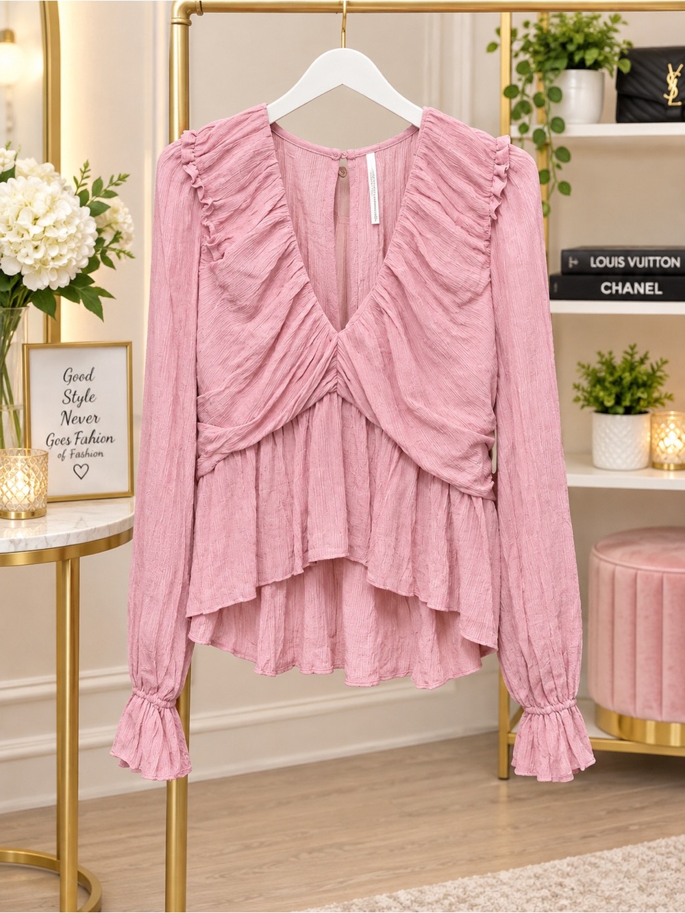 Free People Blush Pink Ruffled V-Neck Peplum Top